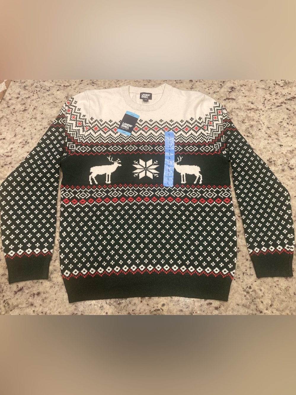 Lands End Men’s Large Green/White/Red Reindeer Fair Isle Sweater NWT